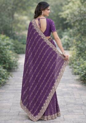 Lavender georgette embroidery saree with unstitched blouse piece 4