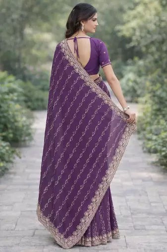 Lavender georgette embroidery saree with unstitched blouse piece