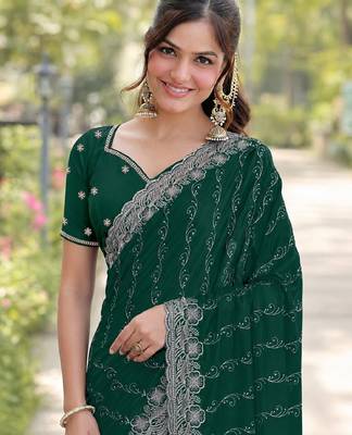 Green georgette embroidery saree with unstitched blouse piece 2