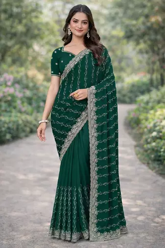 Green soft georgette embroidery work designer party wear saree with unstitched blouse piece