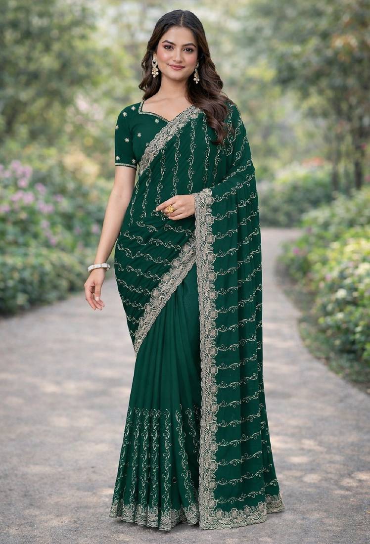 Green soft georgette embroidery work designer party wear saree with unstitched blouse piece