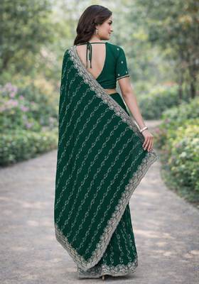 Green georgette embroidery saree with unstitched blouse piece 4