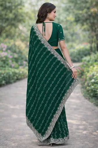 Green georgette embroidery saree with unstitched blouse piece