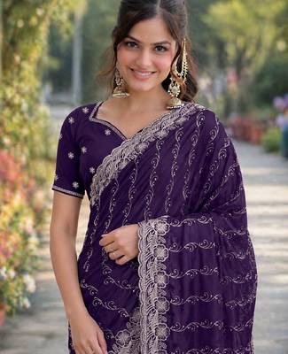 Purple georgette embroidery saree with unstitched blouse piece 2