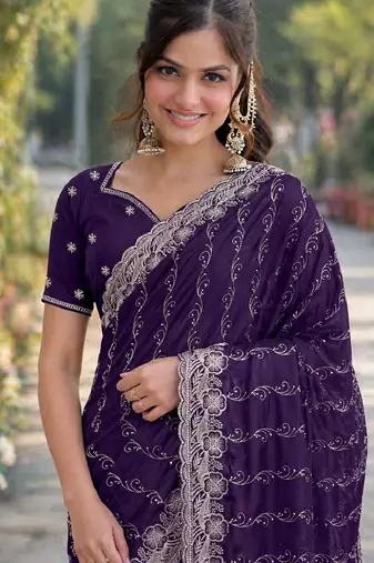Purple georgette embroidery saree with unstitched blouse piece