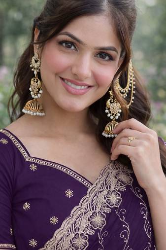 Purple soft georgette embroidery work designer party wear saree with unstitched blouse piece