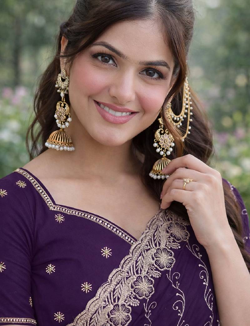 Purple soft georgette embroidery work designer party wear saree with unstitched blouse piece