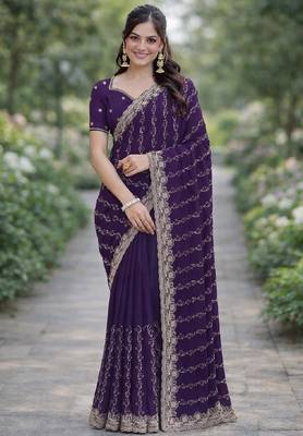 Purple georgette embroidery saree with unstitched blouse piece 3