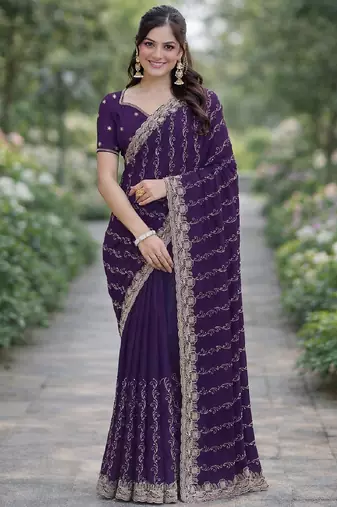 Purple georgette embroidery saree with unstitched blouse piece