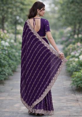 Purple georgette embroidery saree with unstitched blouse piece 4