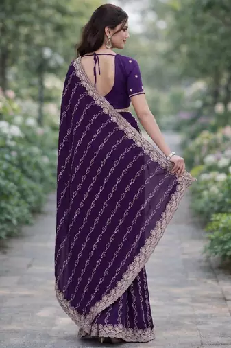Purple georgette embroidery saree with unstitched blouse piece