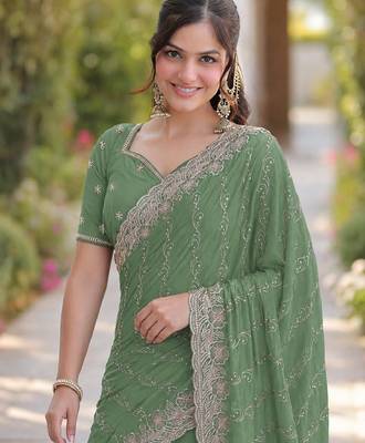 Pista georgette embroidery saree with unstitched blouse piece 2