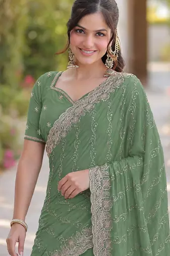 Pista georgette embroidery saree with unstitched blouse piece