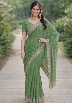 Pista georgette embroidery saree with unstitched blouse piece 1