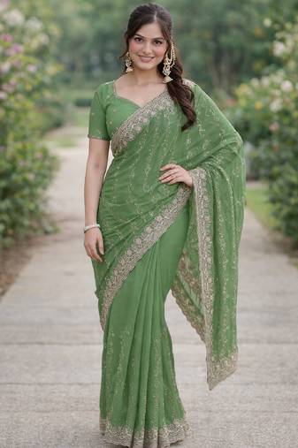 Pista soft georgette embroidery work designer party wear saree with unstitched blouse piece
