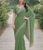 Pista georgette embroidery saree with unstitched blouse piece