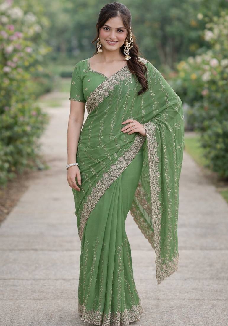 Pista soft georgette embroidery work designer party wear saree with unstitched blouse piece