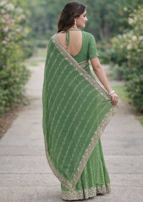 Pista georgette embroidery saree with unstitched blouse piece 4