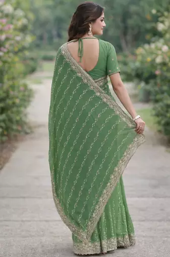 Pista georgette embroidery saree with unstitched blouse piece