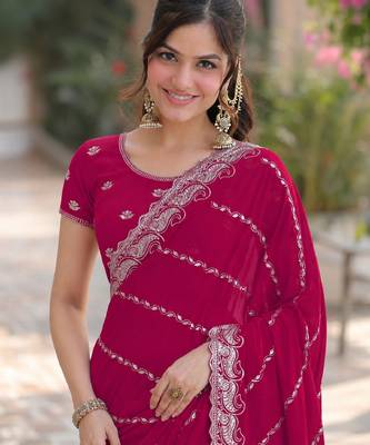 Pink georgette embroidery saree with unstitched blouse piece 2