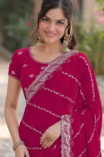 Pink georgette embroidery saree with unstitched blouse piece