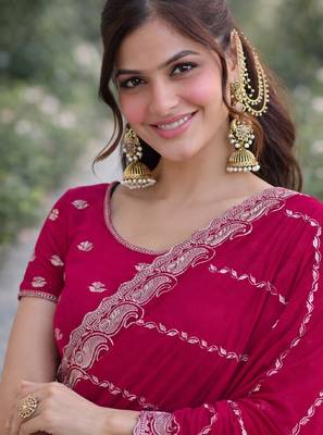 Pink georgette embroidery saree with unstitched blouse piece 3
