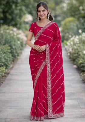 Pink georgette embroidery saree with unstitched blouse piece 1