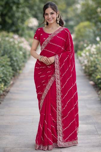 Pink soft georgette embroidery work designer party wear saree with unstitched blouse piece