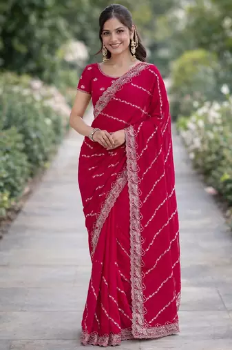 Pink soft georgette embroidery work designer party wear saree with unstitched blouse piece