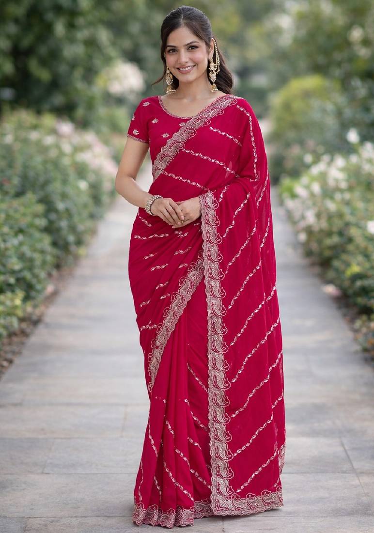 Pink soft georgette embroidery work designer party wear saree with unstitched blouse piece