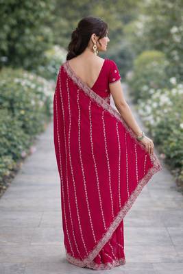 Pink georgette embroidery saree with unstitched blouse piece 4