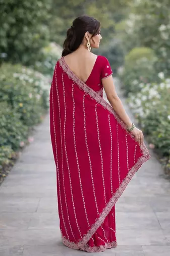 Pink georgette embroidery saree with unstitched blouse piece