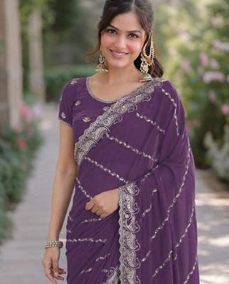 Lavender georgette embroidery saree with unstitched blouse piece 2