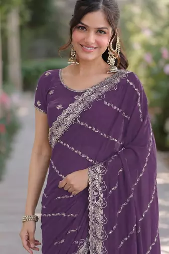 Lavender georgette embroidery saree with unstitched blouse piece
