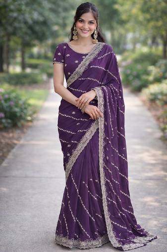 Lavender soft georgette embroidery work designer party wear saree with unstitched blouse piece
