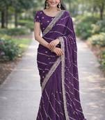 Lavender georgette embroidery saree with unstitched blouse piece