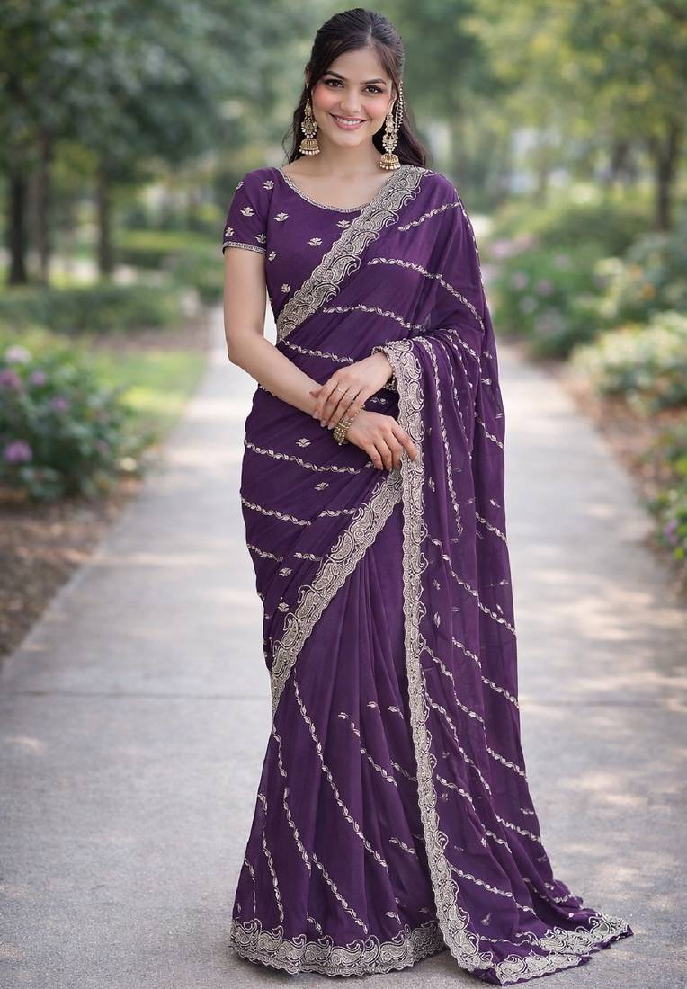 Lavender soft georgette embroidery work designer party wear saree with unstitched blouse piece