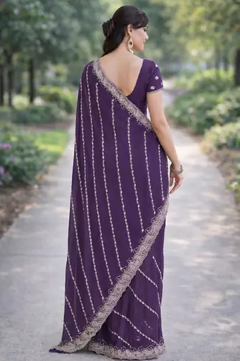 Lavender georgette embroidery saree with unstitched blouse piece
