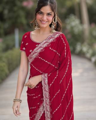 Rani pink georgette embroidery saree with unstitched blouse piece 2
