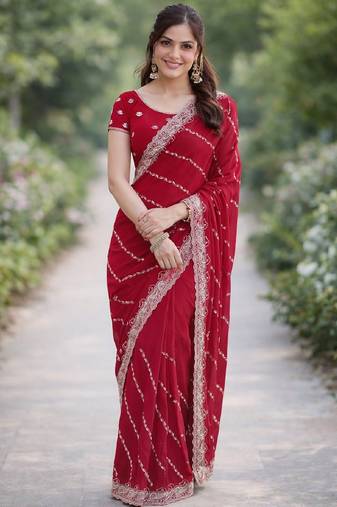 Rani pink soft georgette embroidery work designer party wear saree with unstitched blouse piece