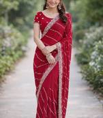 Rani pink georgette embroidery saree with unstitched blouse piece