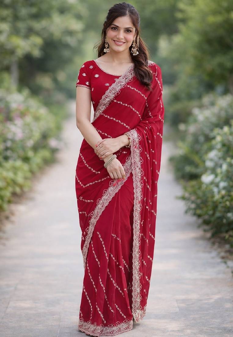 Rani pink soft georgette embroidery work designer party wear saree with unstitched blouse piece