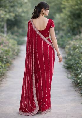 Rani pink georgette embroidery saree with unstitched blouse piece 4