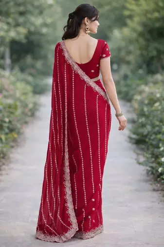 Rani pink georgette embroidery saree with unstitched blouse piece