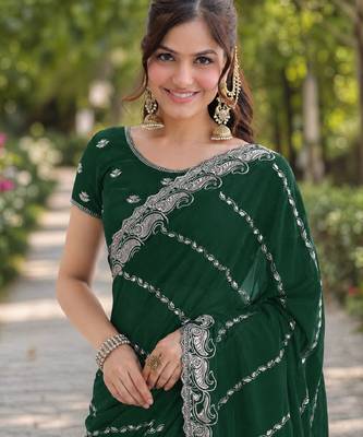 Green georgette embroidery saree with unstitched blouse piece 2