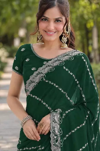 Green georgette embroidery saree with unstitched blouse piece