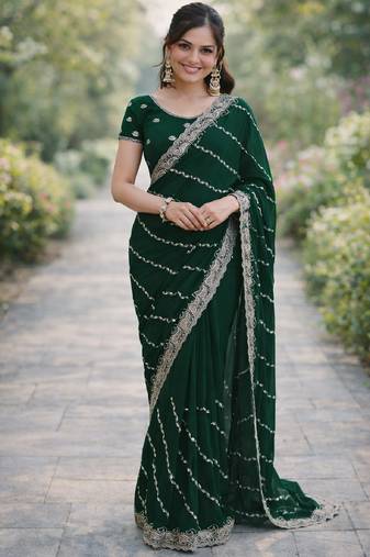 Green soft georgette embroidery work designer party wear saree with unstitched blouse piece