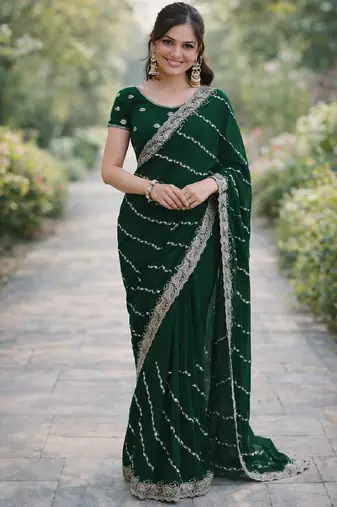 Green soft georgette embroidery work designer party wear saree with unstitched blouse piece