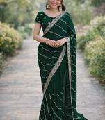 Green georgette embroidery saree with unstitched blouse piece