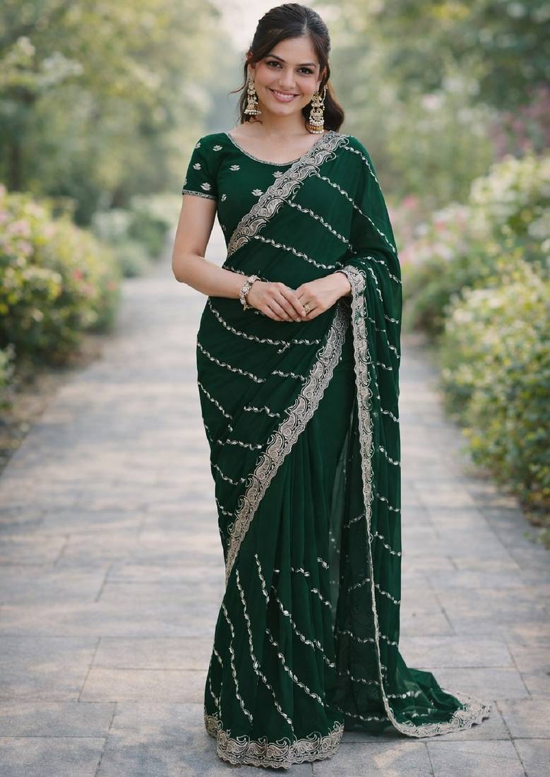 Green soft georgette embroidery work designer party wear saree with unstitched blouse piece